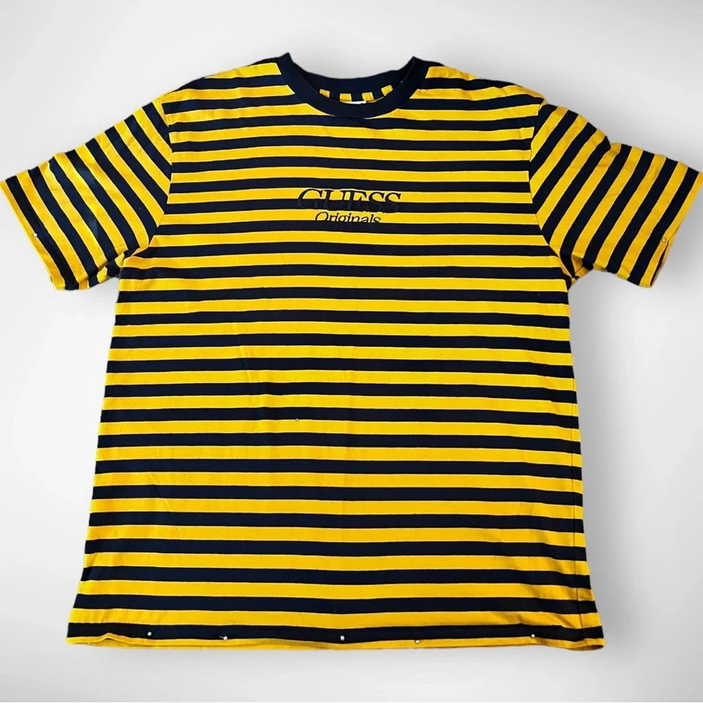 GUESS ORGINALS Men's Yellow And Navy Striped Crewneck‎ T-Shirt Small | EUC